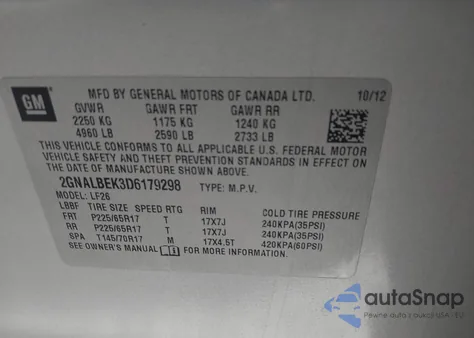 2013 Chevrolet Equinox Ls из США, поврежденный, VIN 2GNALBEK3D6179298